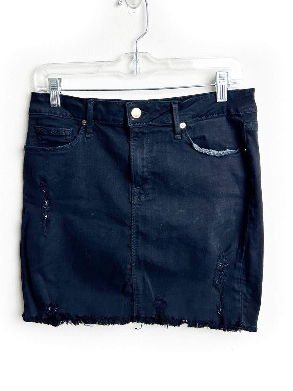 Good American Black Distressed Denim Mini Skirt Stretch Raw Frayed Hem 29